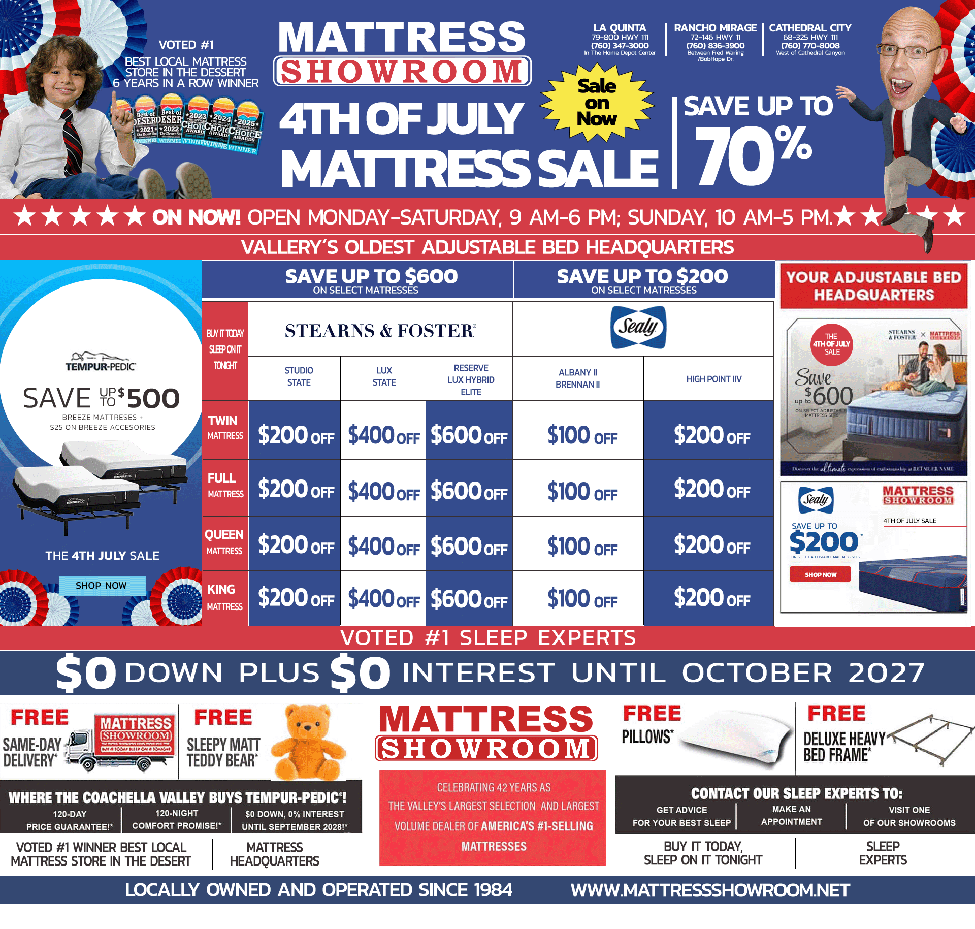 Save up yo 70% at Mattress Showroom's July 4th Sale, Get 0% down, 0% interest until October 2027